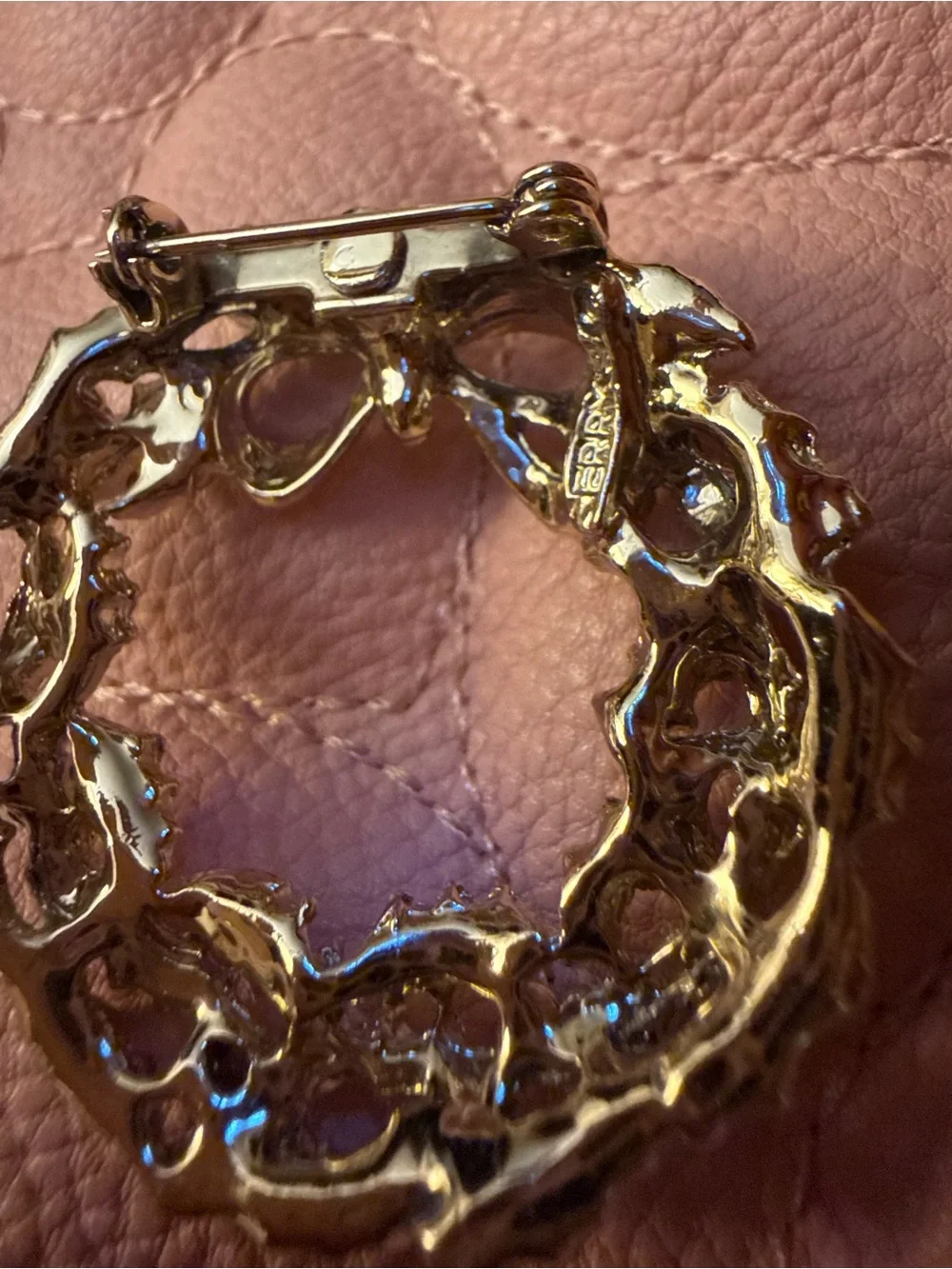 Gold-Tone Holiday Wreath Brooch with Red & Green Accents